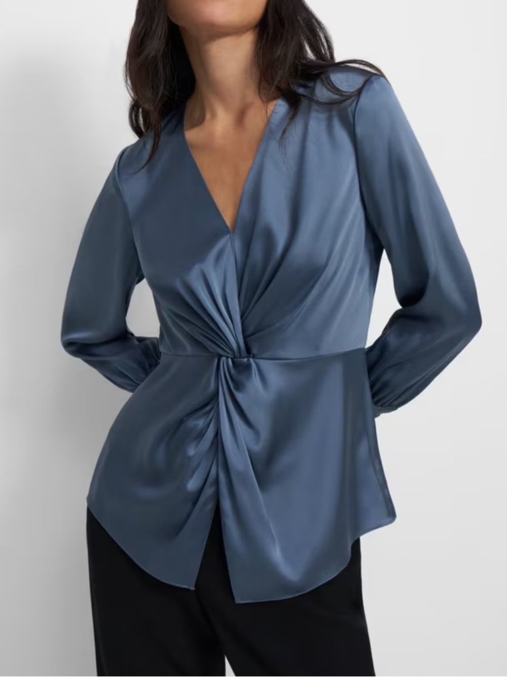 Theory Steel Blue Satin Twist-Front V-Neck Blouse
